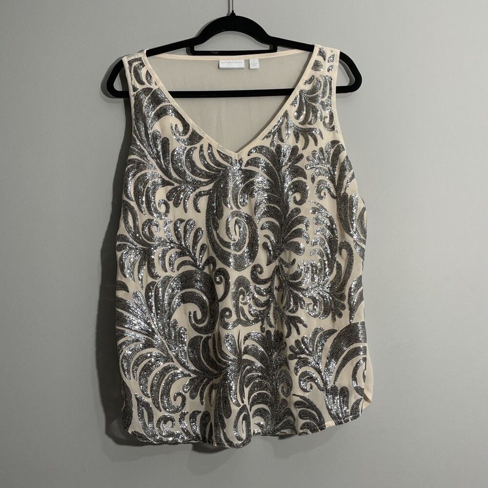 New York & Company Women Beige & Silver Sequin Sheer Back Chiffon Tank  Large